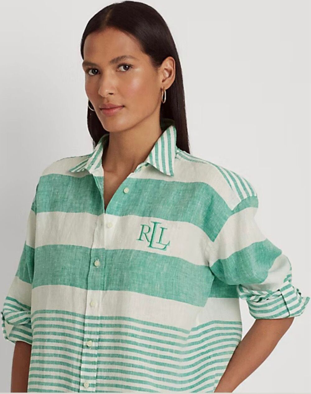 Lauren Ralph Lauren Oversized Striped Linen Shirt Green White Size M - Picture 11 of 12